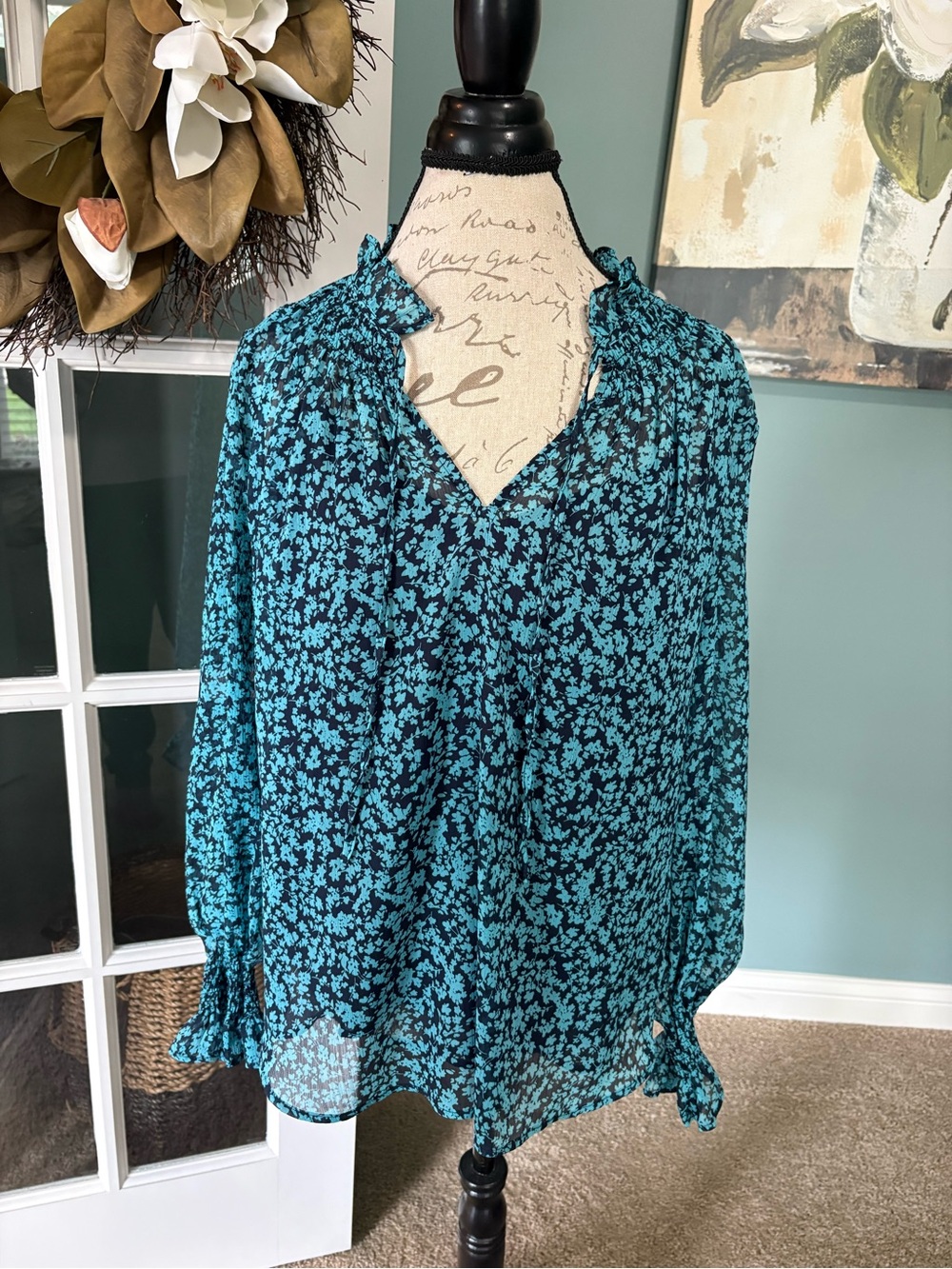 LOFT Teal Floral V-Neck Blouse on Black